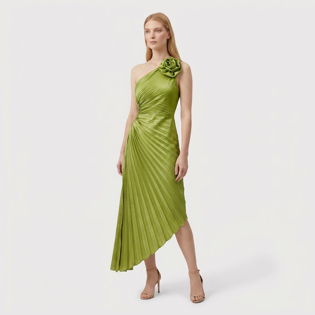 Rivaclo | Women's One-Shoulder Pleated Midi Dress – Asymmetrical Silhouette