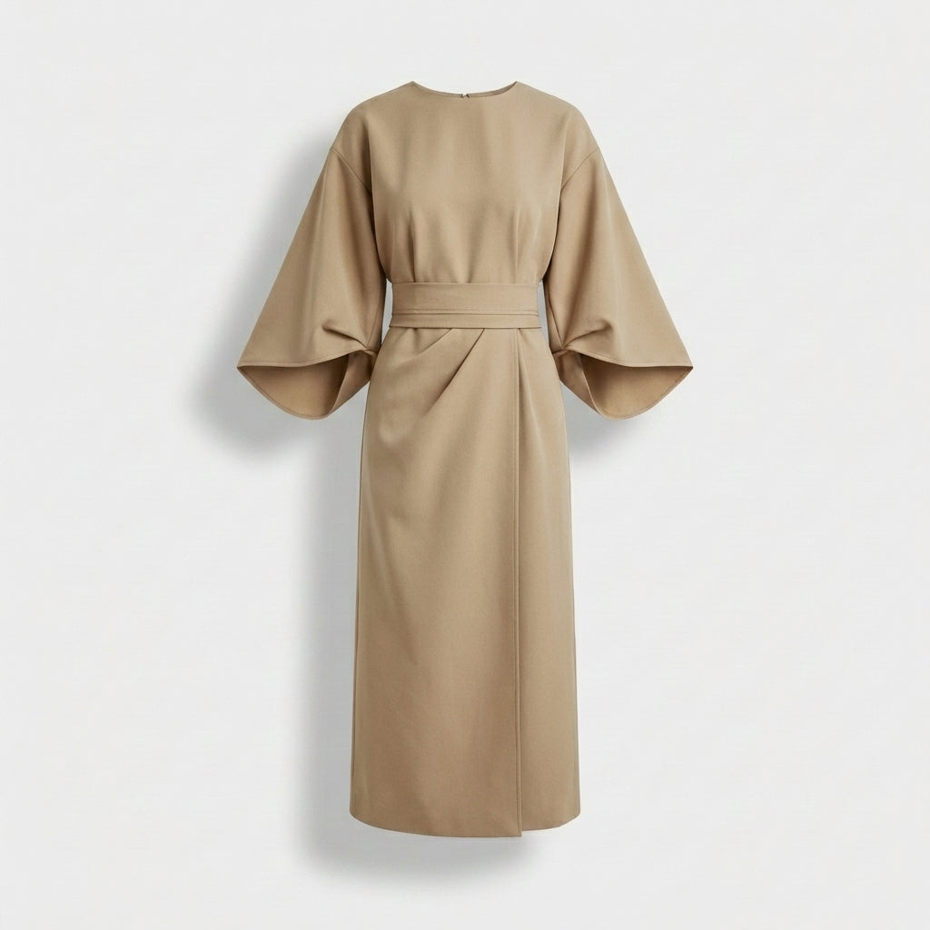 Rivaclo | Women's Midi Wrap Dress with Round Neck – Wide Sleeves