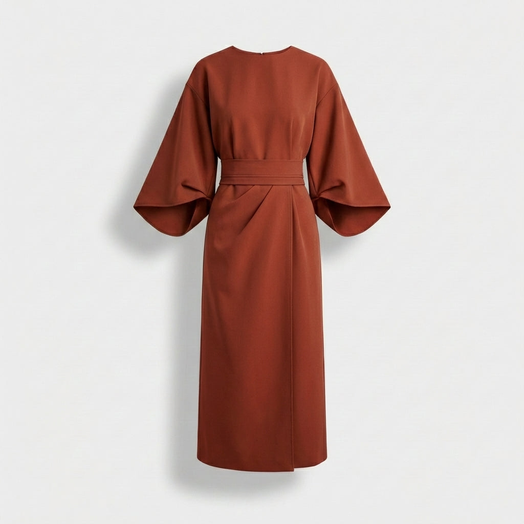 Rivaclo | Women's Midi Wrap Dress with Round Neck – Wide Sleeves
