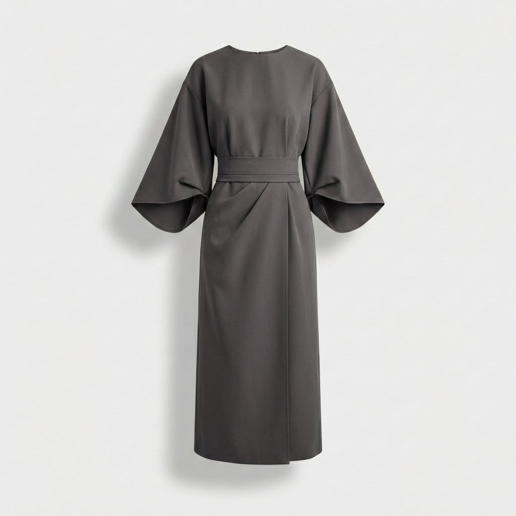Rivaclo | Women's Midi Wrap Dress with Round Neck – Wide Sleeves