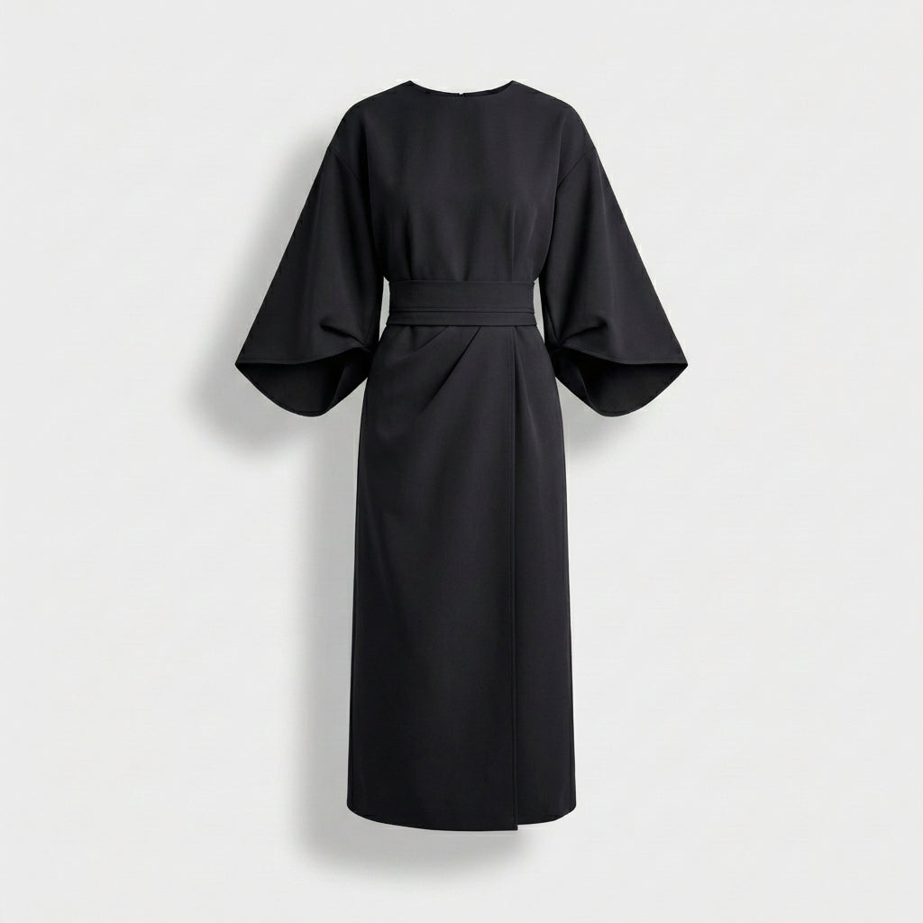 Rivaclo | Women's Midi Wrap Dress with Round Neck – Wide Sleeves