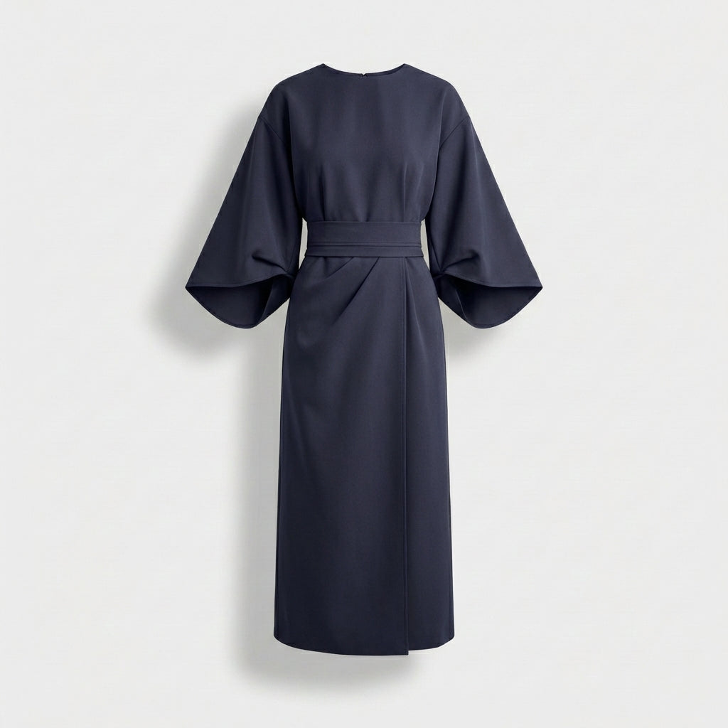 Rivaclo | Women's Midi Wrap Dress with Round Neck – Wide Sleeves