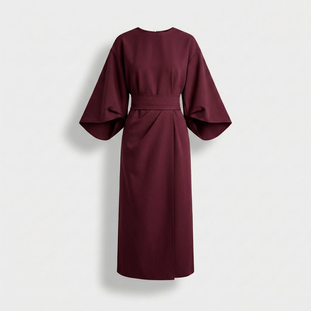 Rivaclo | Women's Midi Wrap Dress with Round Neck – Wide Sleeves