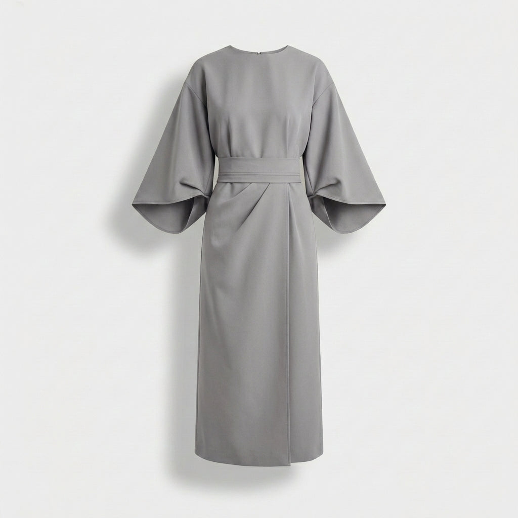 Rivaclo | Women's Midi Wrap Dress with Round Neck – Wide Sleeves