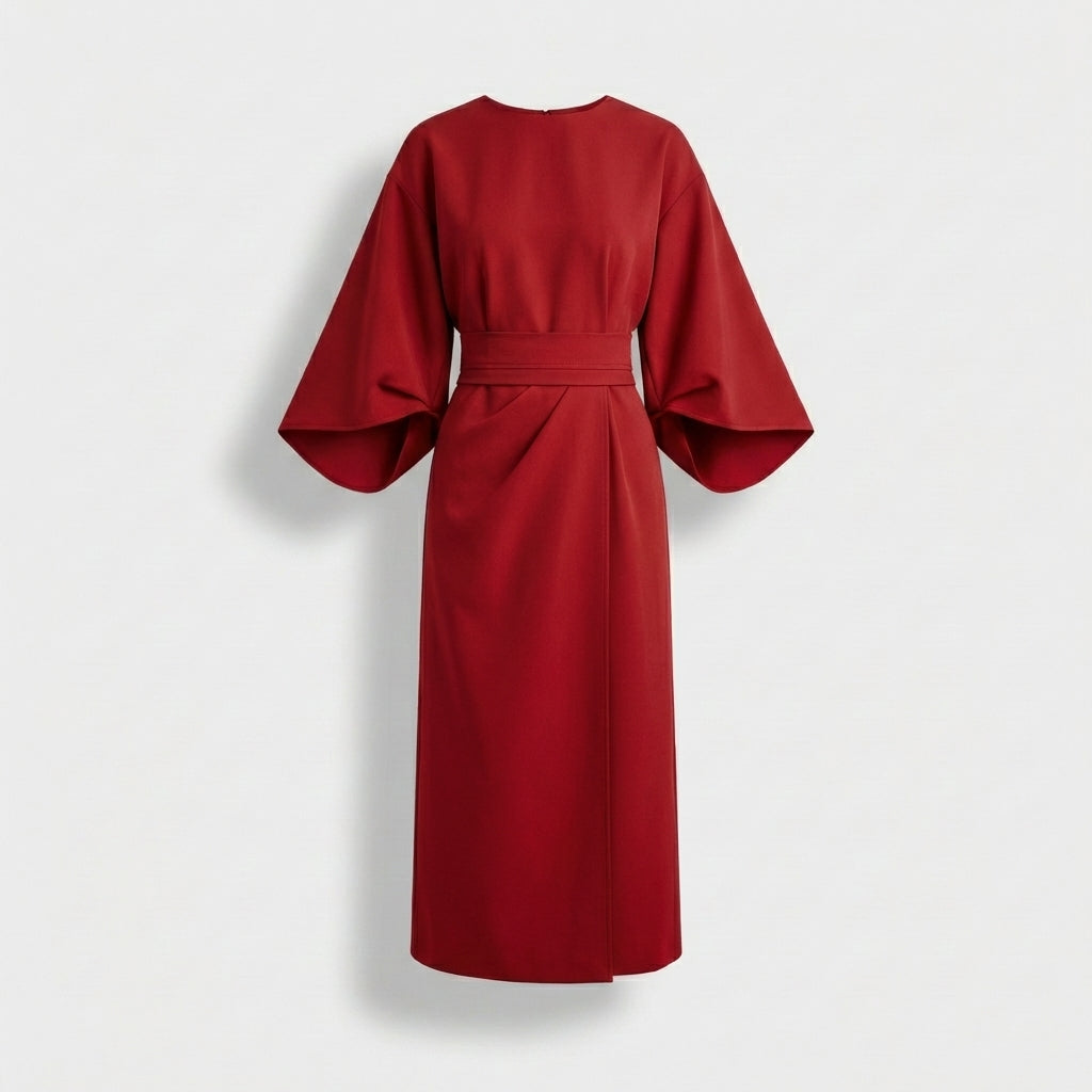 Rivaclo | Women's Midi Wrap Dress with Round Neck – Wide Sleeves
