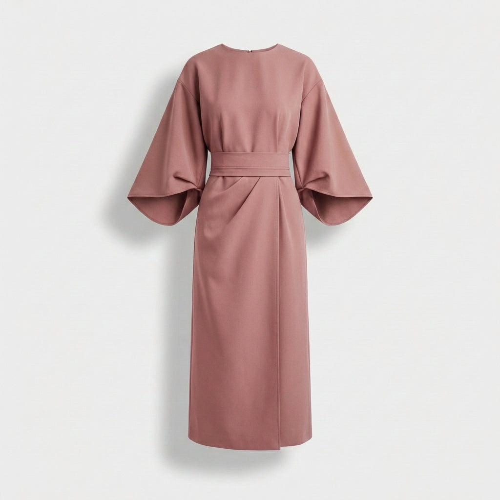 Rivaclo | Women's Midi Wrap Dress with Round Neck – Wide Sleeves