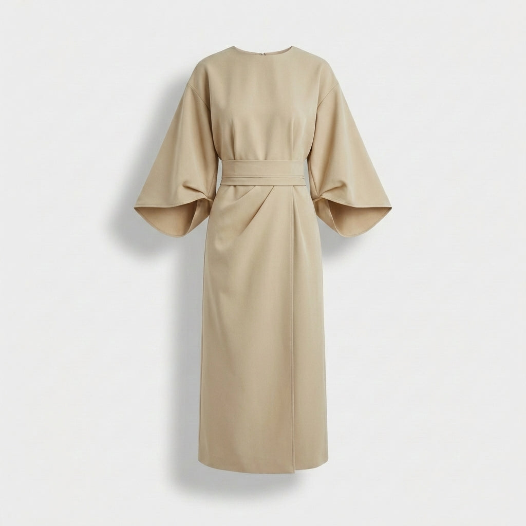 Rivaclo | Women's Midi Wrap Dress with Round Neck – Wide Sleeves
