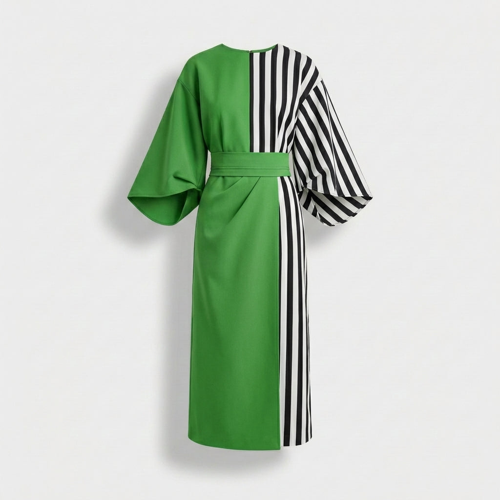 Rivaclo | Women's Midi Wrap Dress with Round Neck – Wide Sleeves