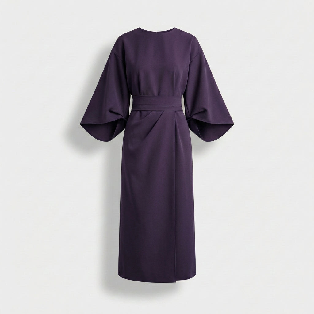 Rivaclo | Women's Midi Wrap Dress with Round Neck – Wide Sleeves