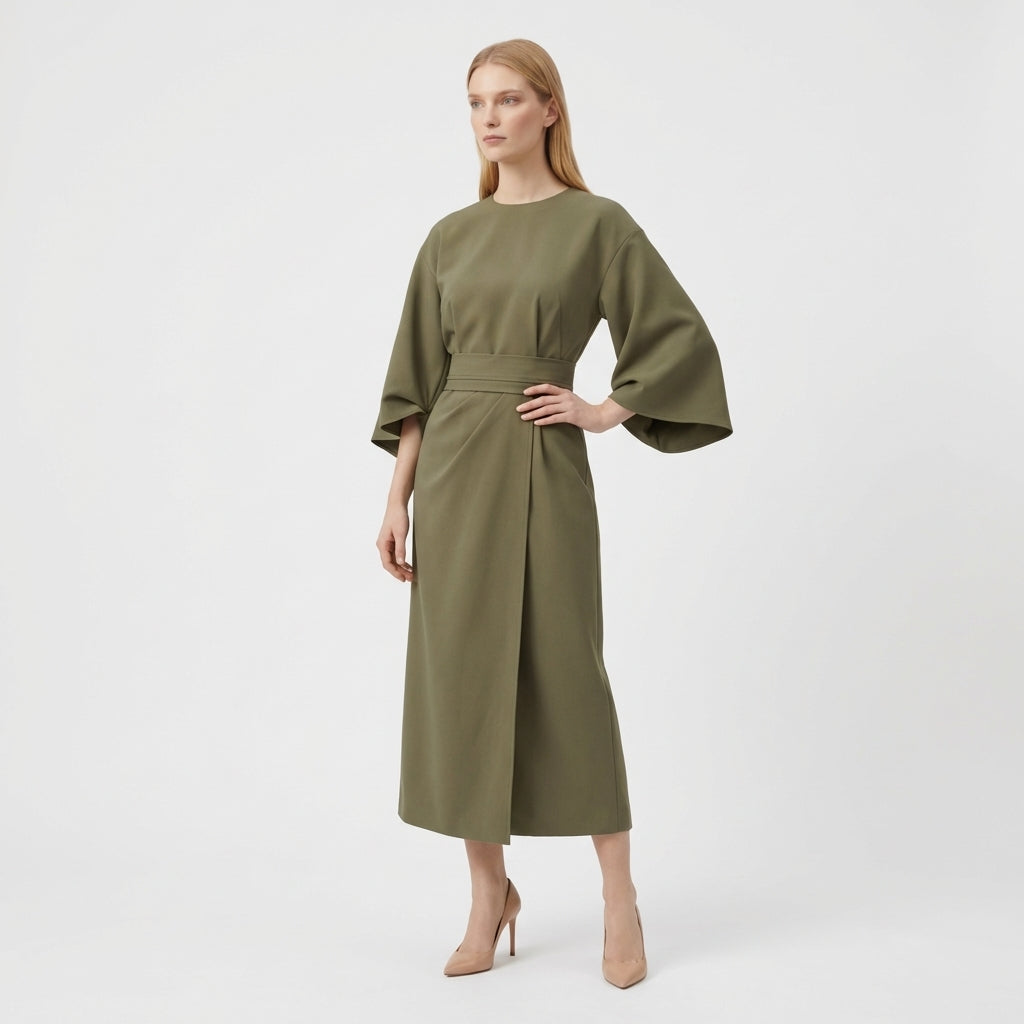 Rivaclo | Women's Midi Wrap Dress with Round Neck – Wide Sleeves