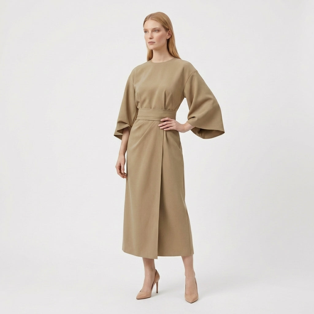 Rivaclo | Women's Midi Wrap Dress with Round Neck – Wide Sleeves