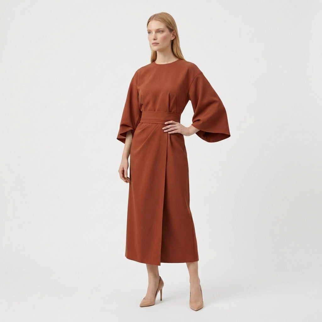 Rivaclo | Women's Midi Wrap Dress with Round Neck – Wide Sleeves