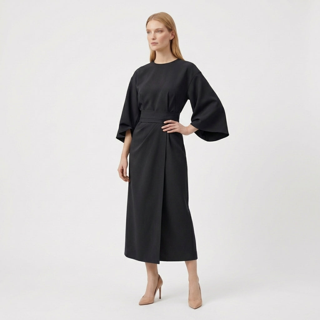 Rivaclo | Women's Midi Wrap Dress with Round Neck – Wide Sleeves