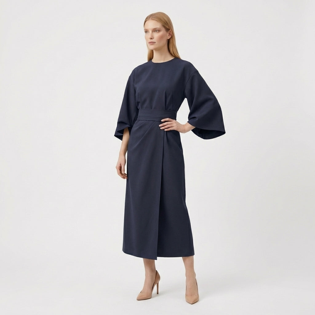 Rivaclo | Women's Midi Wrap Dress with Round Neck – Wide Sleeves