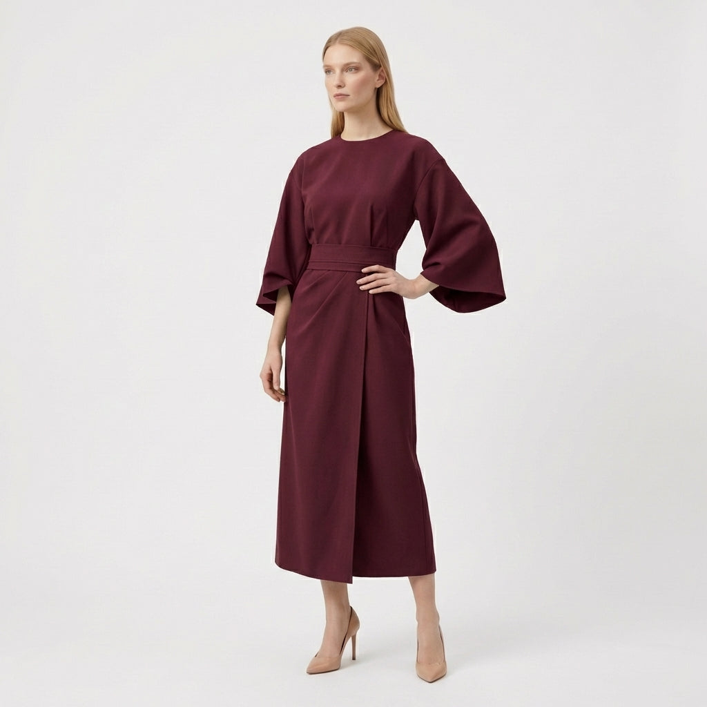 Rivaclo | Women's Midi Wrap Dress with Round Neck – Wide Sleeves