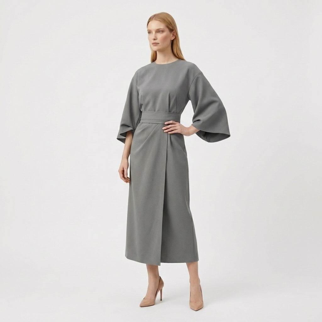 Rivaclo | Women's Midi Wrap Dress with Round Neck – Wide Sleeves
