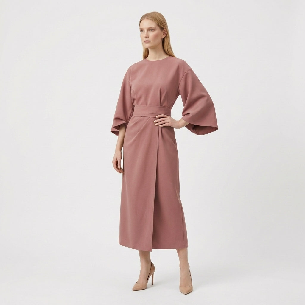 Rivaclo | Women's Midi Wrap Dress with Round Neck – Wide Sleeves