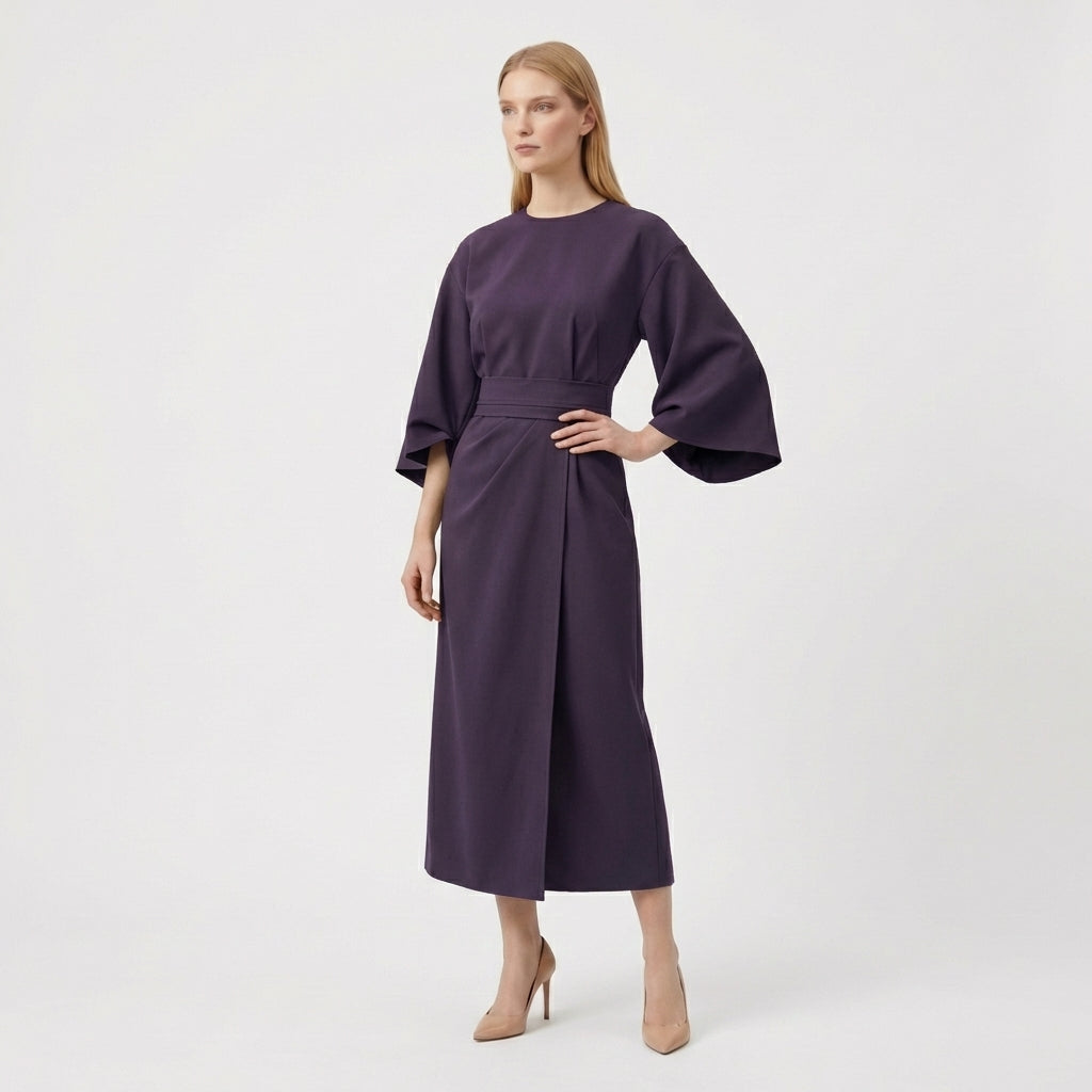 Rivaclo | Women's Midi Wrap Dress with Round Neck – Wide Sleeves