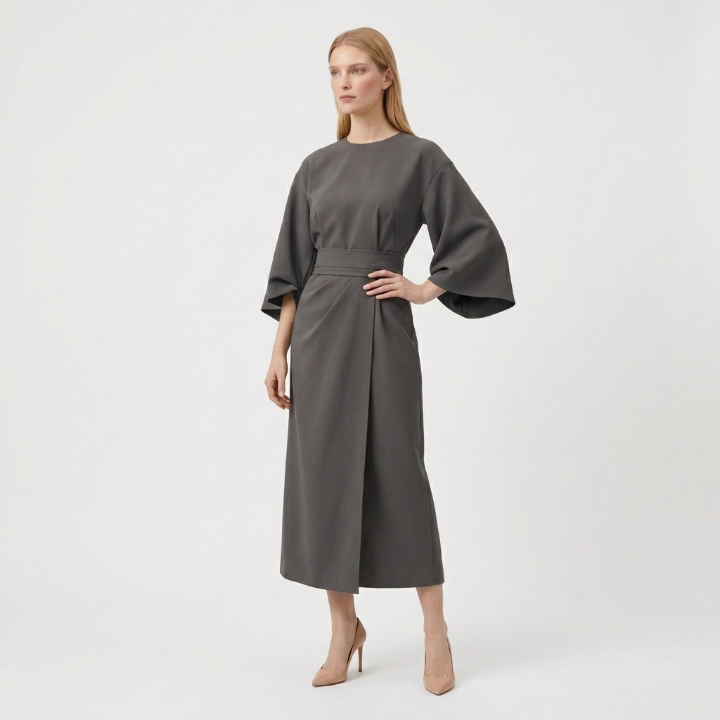 Rivaclo | Women's Midi Wrap Dress with Round Neck – Wide Sleeves