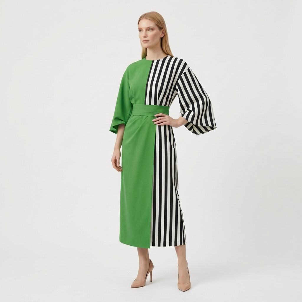 Rivaclo | Women's Midi Wrap Dress with Round Neck – Wide Sleeves