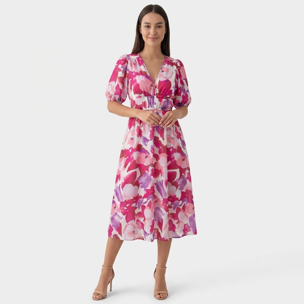 Rivaclo | Women's Floral Midi Dress – Puff Sleeves
