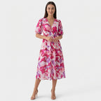 Rivaclo | Women's Floral Midi Dress – Puff Sleeves