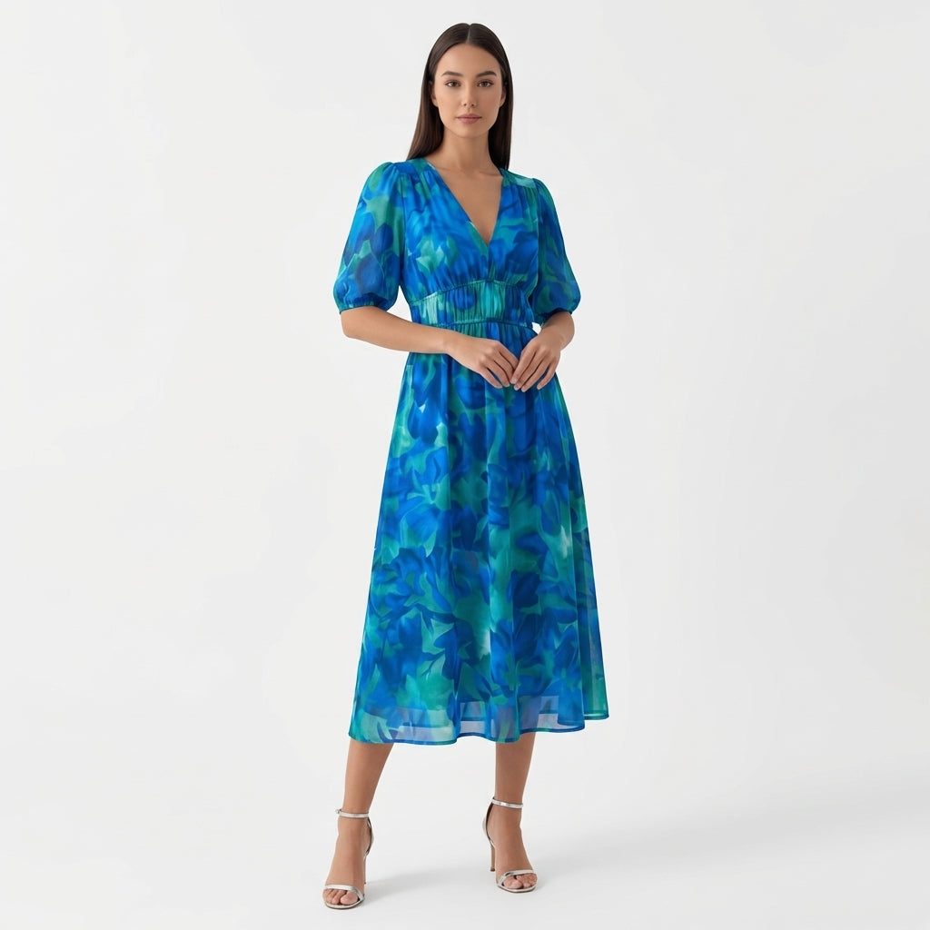 Rivaclo | Women's Floral Midi Dress – Puff Sleeves