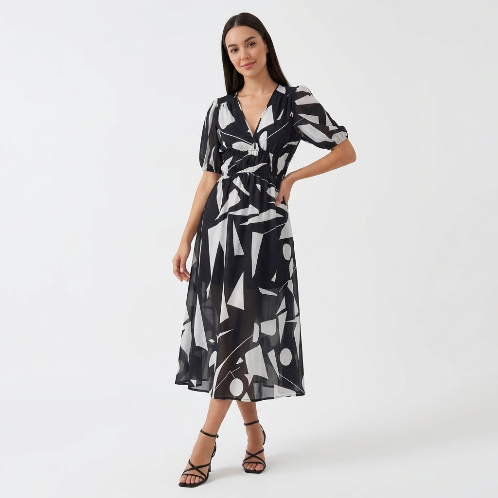 Rivaclo | Women's Floral Midi Dress – Puff Sleeves