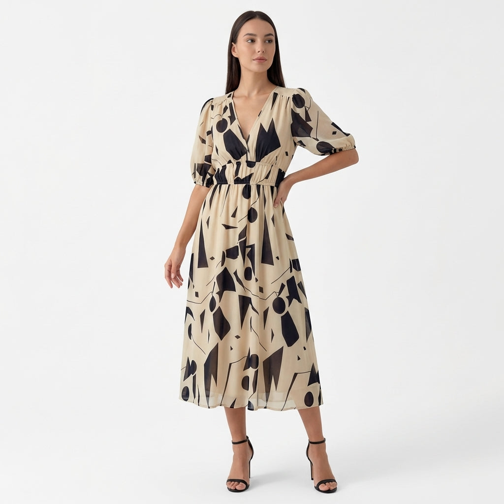 Rivaclo | Women's Floral Midi Dress – Puff Sleeves