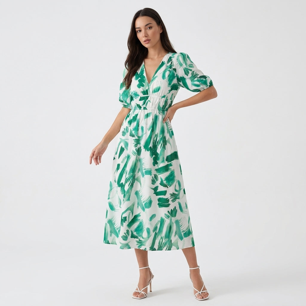 Rivaclo | Women's Floral Midi Dress – Puff Sleeves