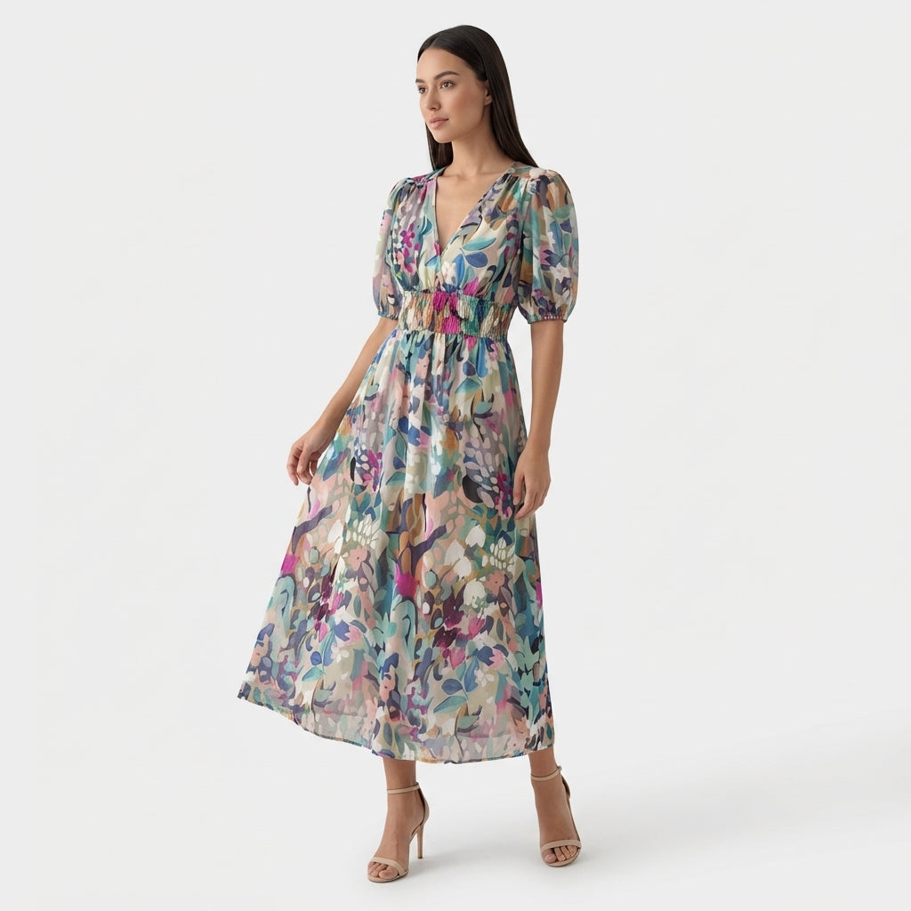 Rivaclo | Women's Floral Midi Dress – Puff Sleeves