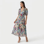 Rivaclo | Women's Floral Midi Dress – Puff Sleeves