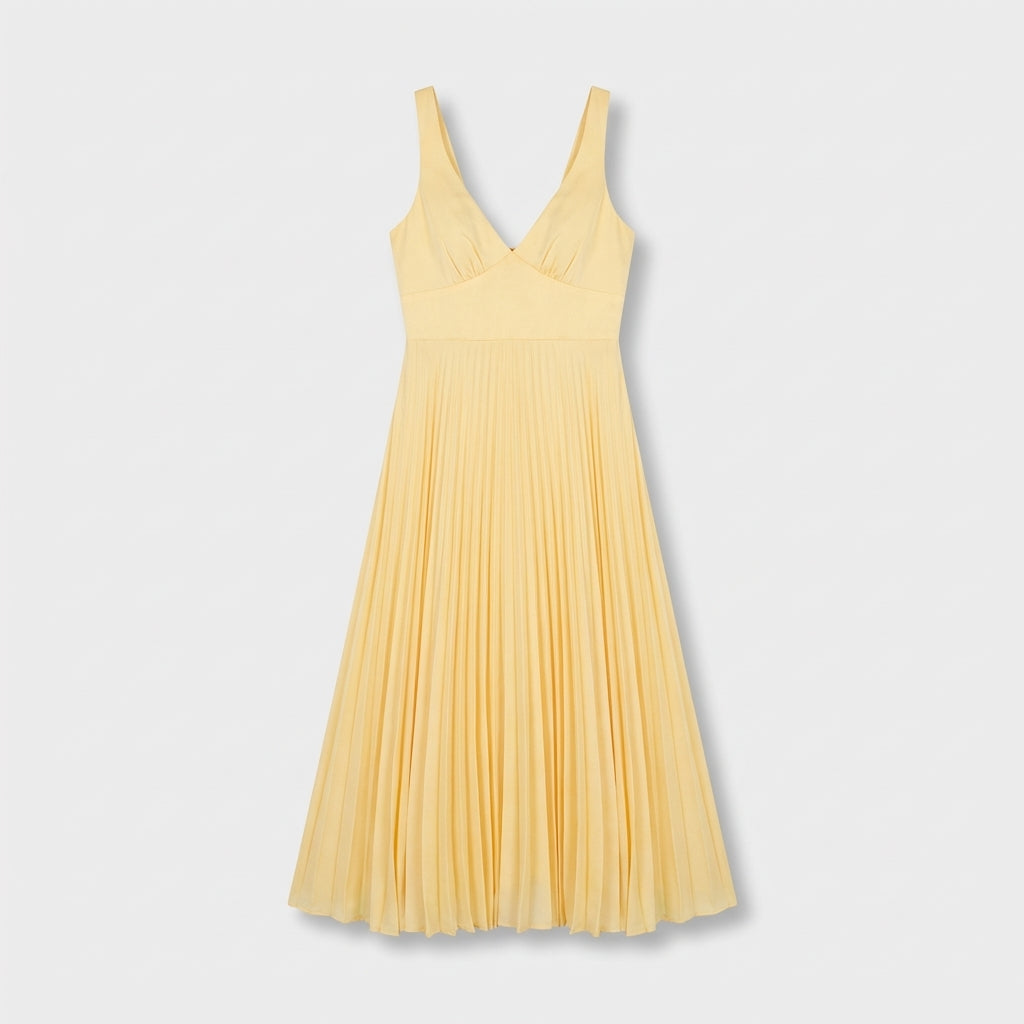Rivaclo | Women's Fluid Pleated Midi Dress – V-Neck Silhouette