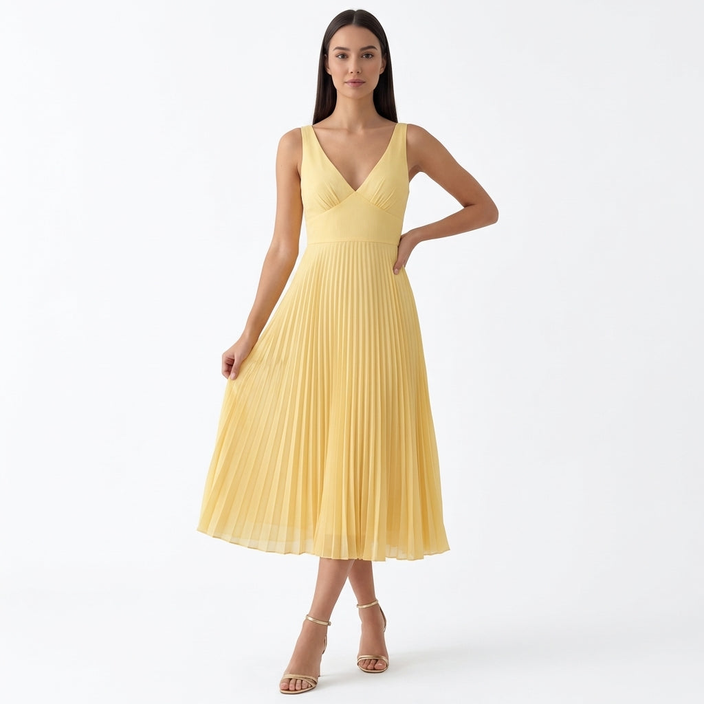 Rivaclo | Women's Fluid Pleated Midi Dress – V-Neck Silhouette