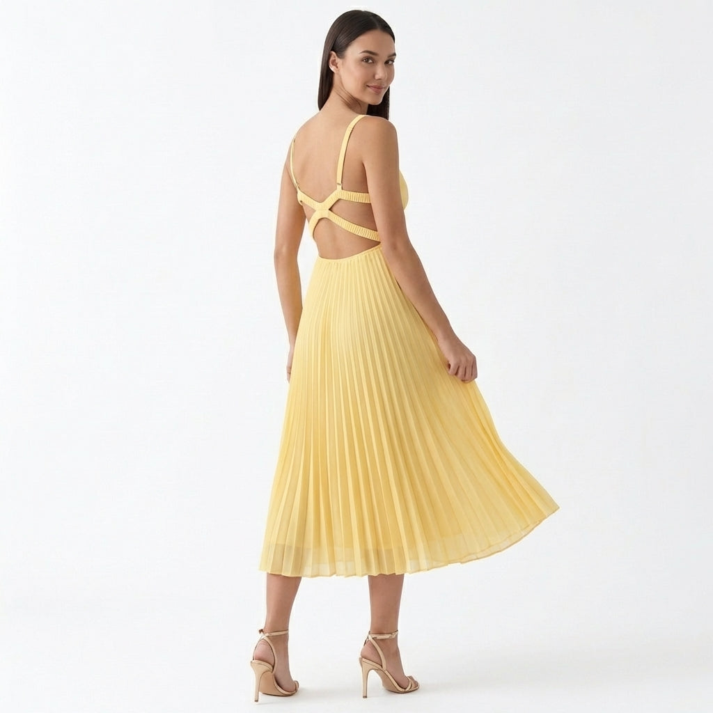Rivaclo | Women's Fluid Pleated Midi Dress – V-Neck Silhouette