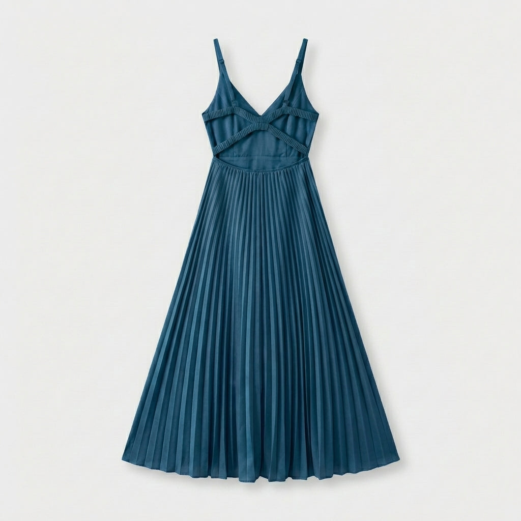 Rivaclo | Women's Fluid Pleated Midi Dress – V-Neck Silhouette