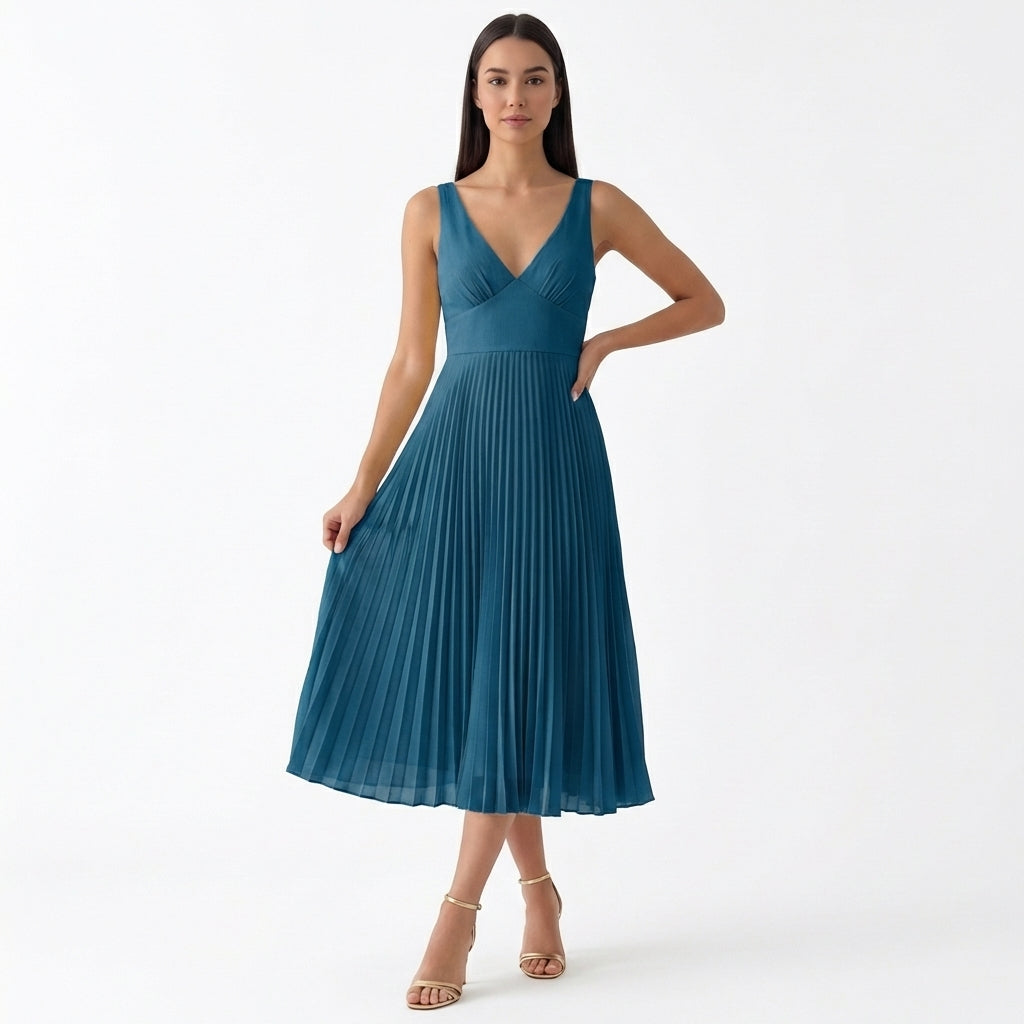 Rivaclo | Women's Fluid Pleated Midi Dress – V-Neck Silhouette