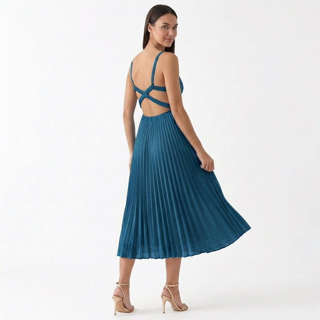 Rivaclo | Women's Fluid Pleated Midi Dress – V-Neck Silhouette