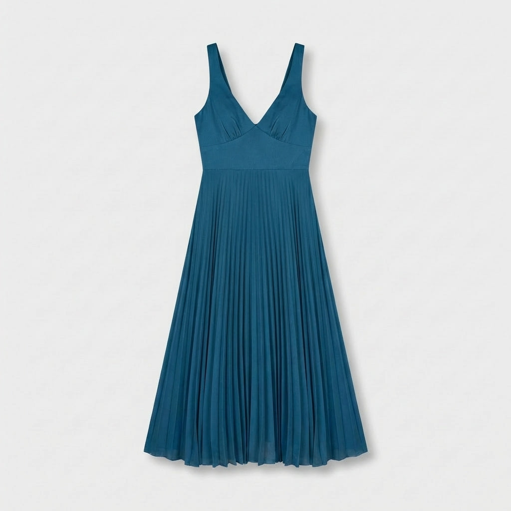 Rivaclo | Women's Fluid Pleated Midi Dress – V-Neck Silhouette