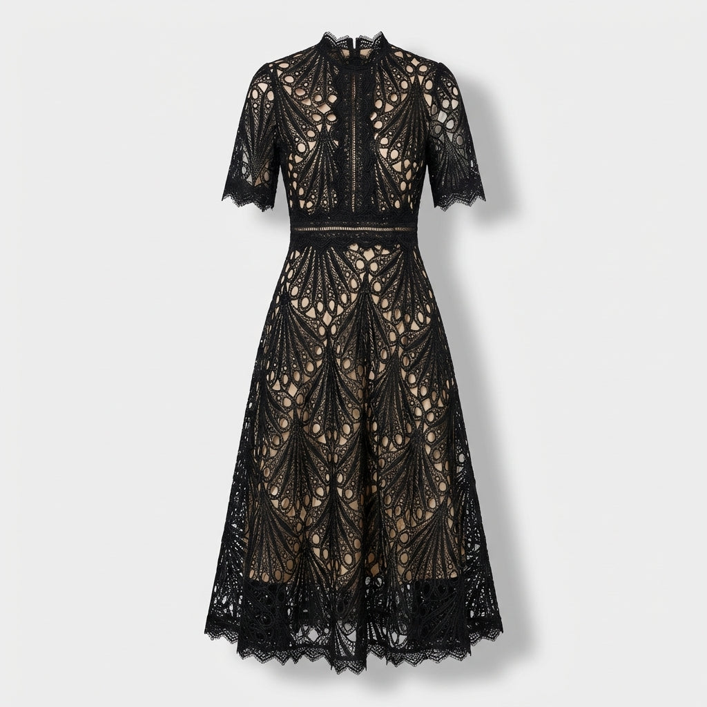 Rivaclo | Femme Robe Midi en Dentelle Florale – Col Montant