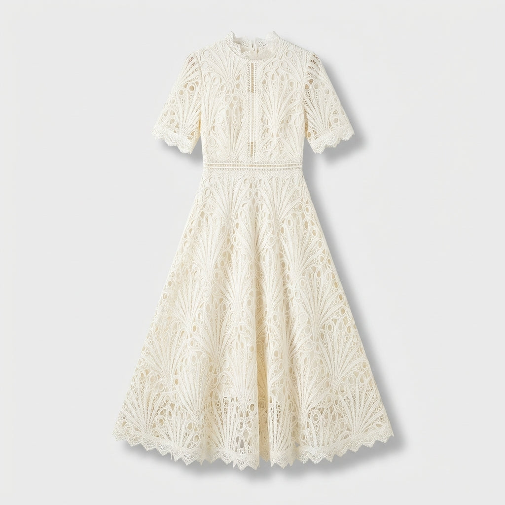 Rivaclo | Femme Robe Midi en Dentelle Florale – Col Montant