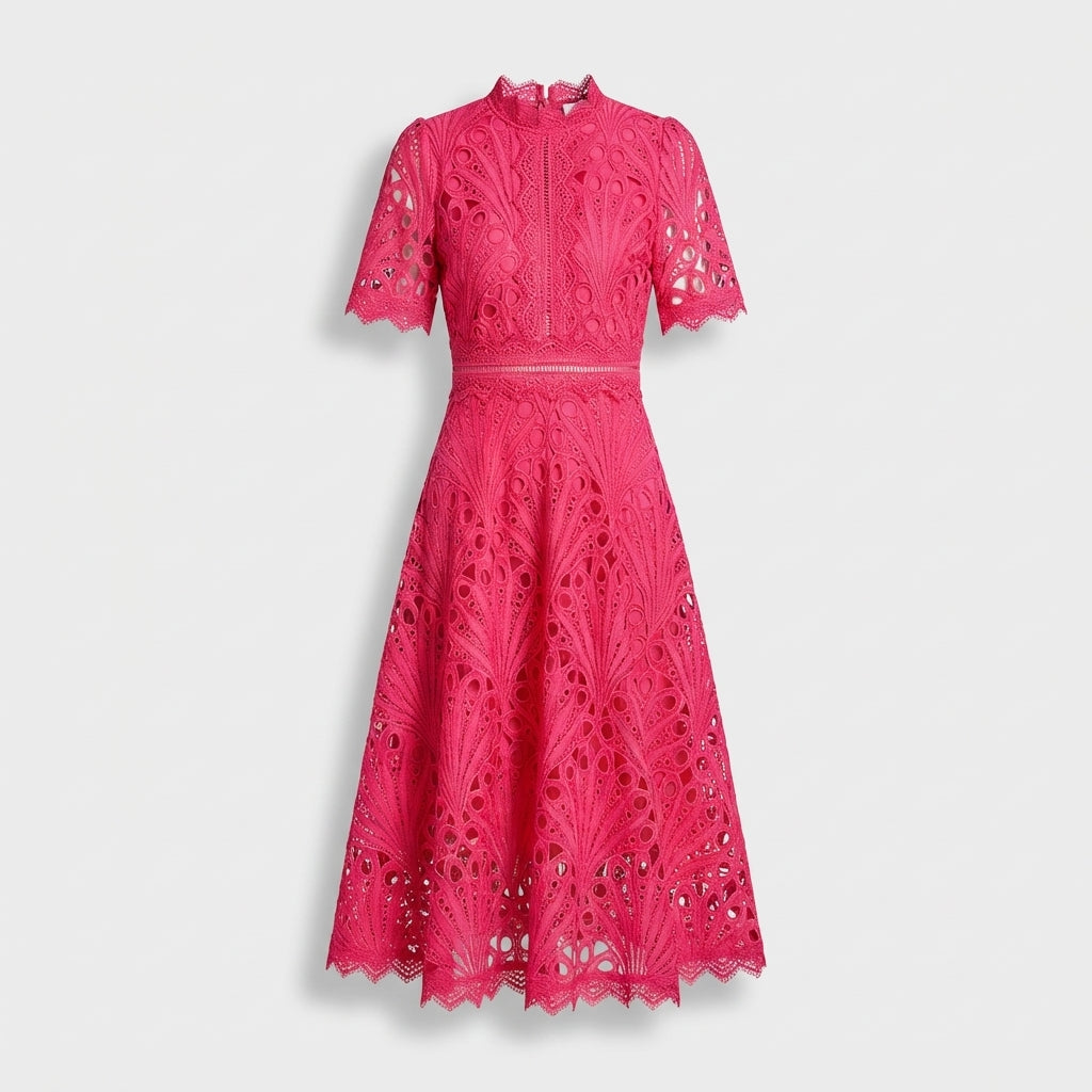 Rivaclo | Femme Robe Midi en Dentelle Florale – Col Montant