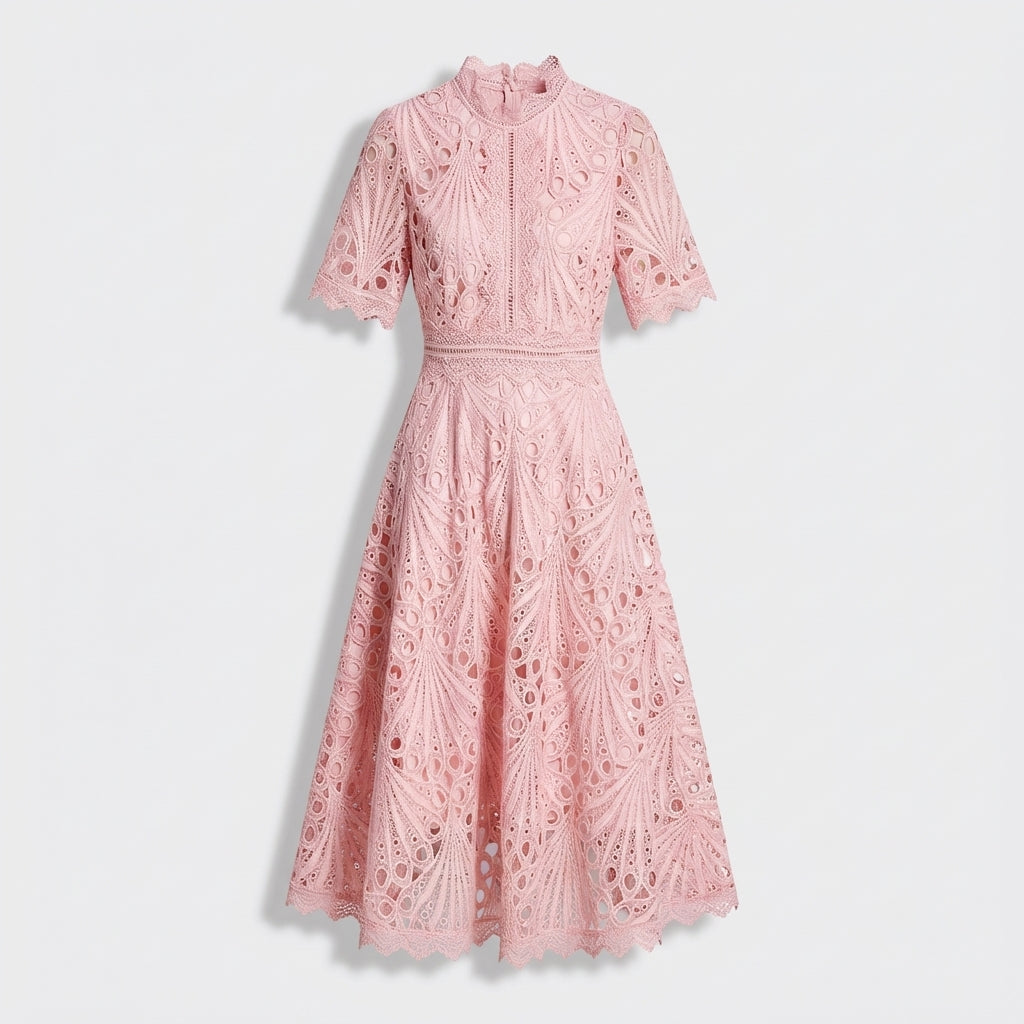 Rivaclo | Femme Robe Midi en Dentelle Florale – Col Montant