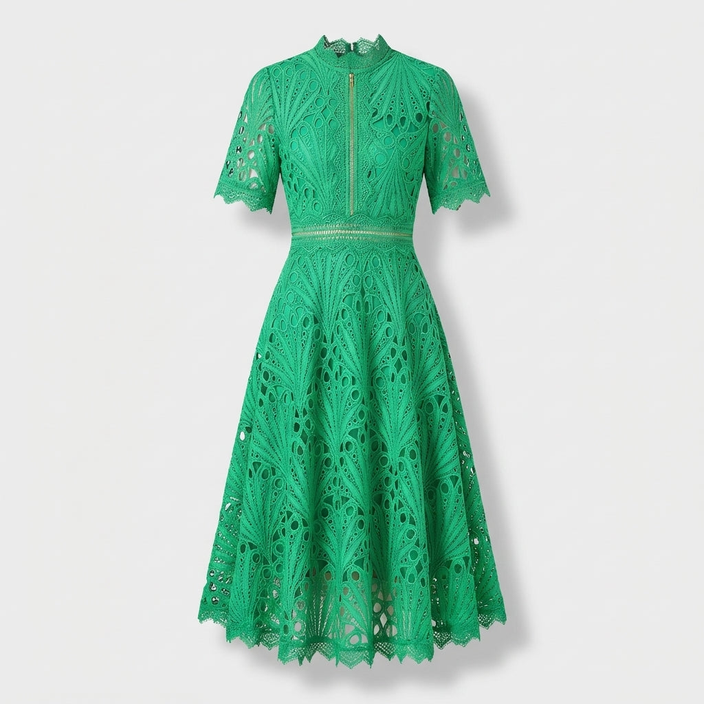 Rivaclo | Women's Floral Lace Midi Dress – High Neck