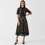 Rivaclo | Femme Robe Midi en Dentelle Florale – Col Montant