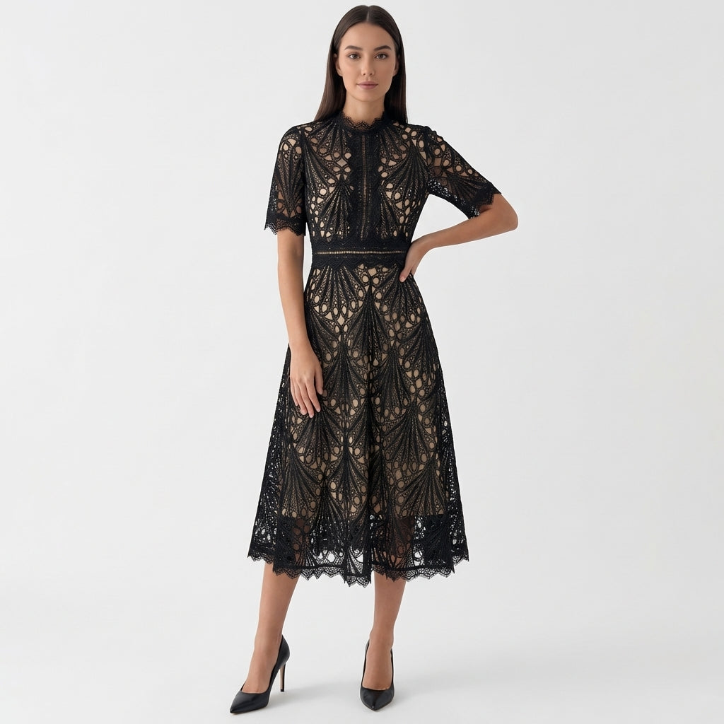 Rivaclo | Women's Floral Lace Midi Dress – High Neck