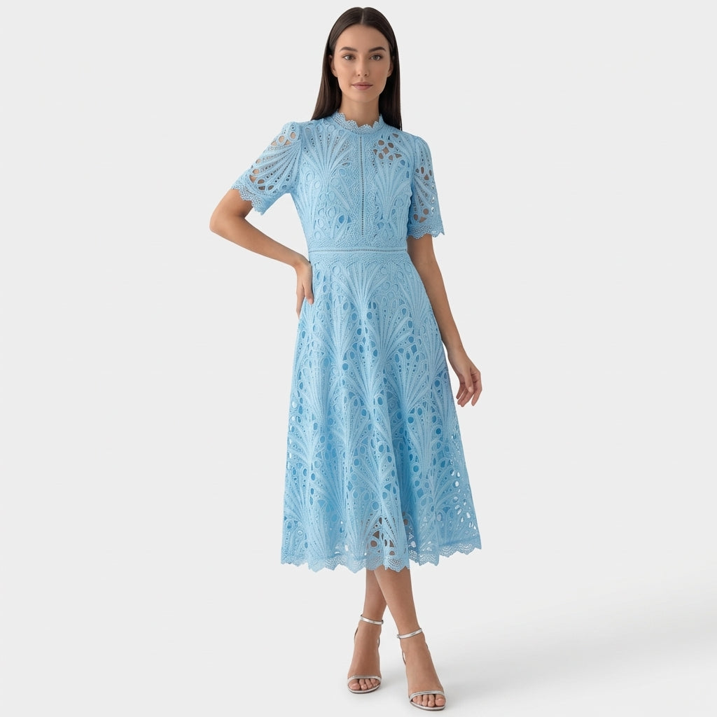 Rivaclo | Women's Floral Lace Midi Dress – High Neck