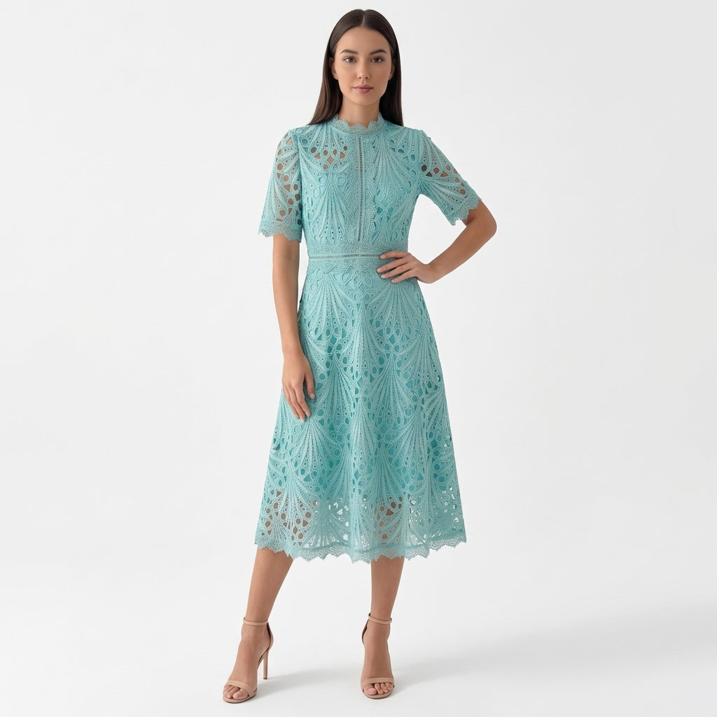 Rivaclo | Women's Floral Lace Midi Dress – High Neck