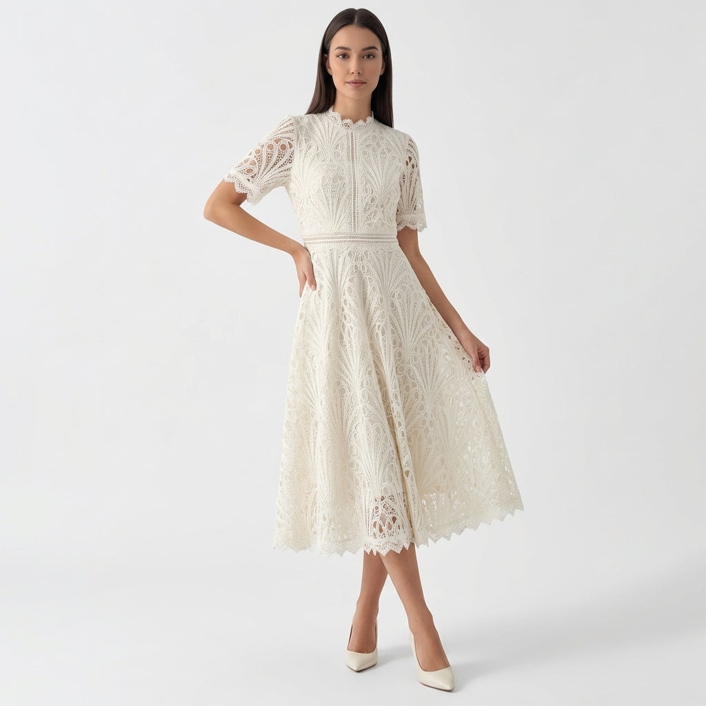 Rivaclo | Femme Robe Midi en Dentelle Florale – Col Montant