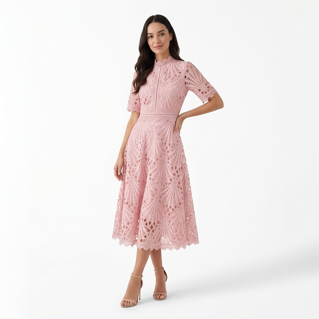 Rivaclo | Femme Robe Midi en Dentelle Florale – Col Montant